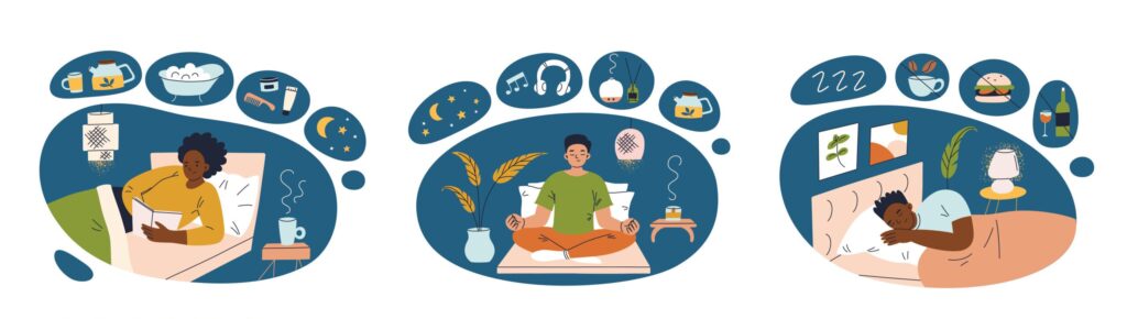 imagem ilustrativa que mostra três situações em que são feitas a higiene do sono